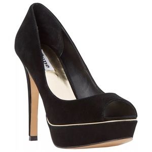 Dune London Daviner Peep Toe Platform Court Pumps, Black Suede Leather Heels